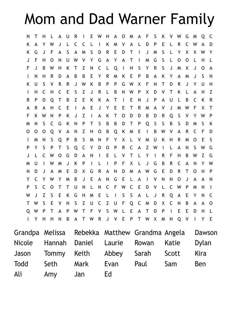 Mom and Dad Warner Family Word Search