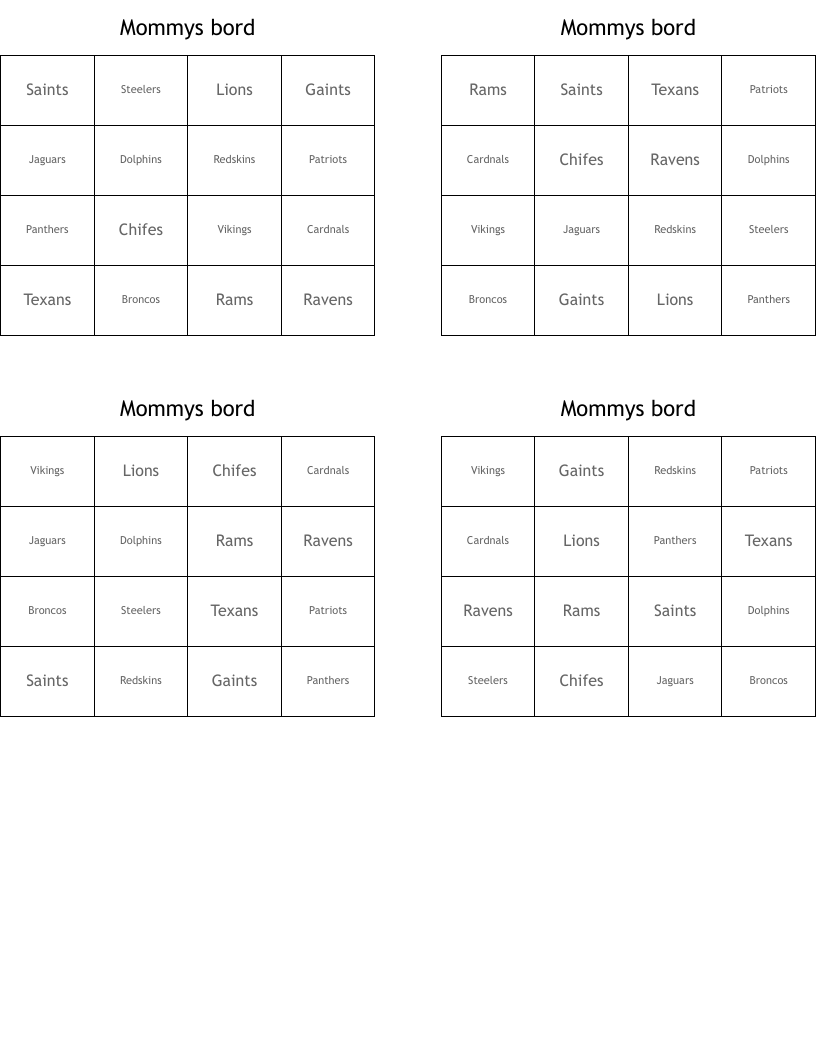 Mommys bord Bingo Cards
