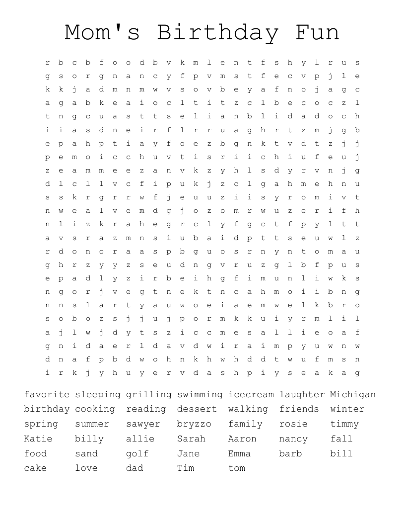 Mom's Birthday Fun Word Search