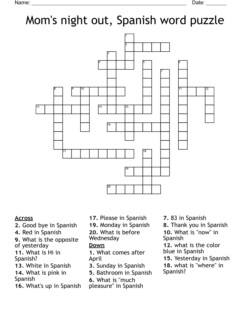Mom's night out, Spanish word puzzle Crossword