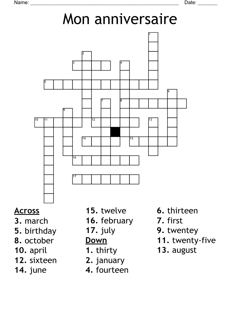 Mon anniversaire Crossword