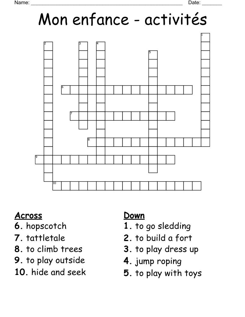 Mon enfance - activités Crossword