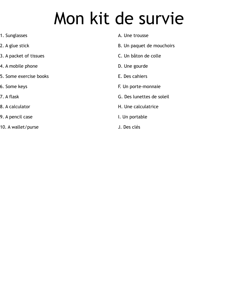 Mon kit de survie  Worksheet