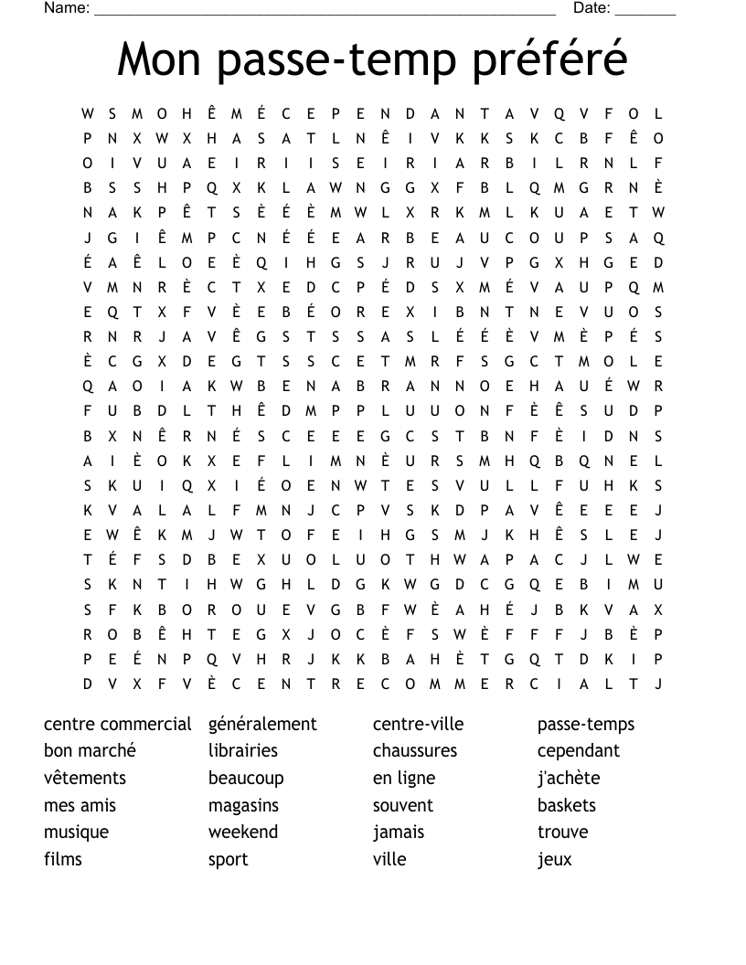 Mon passe-temp préféré Word Search