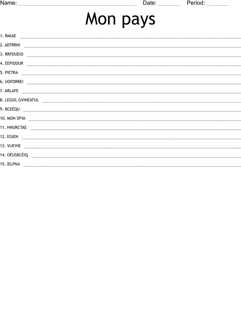 Mon pays Word Scramble