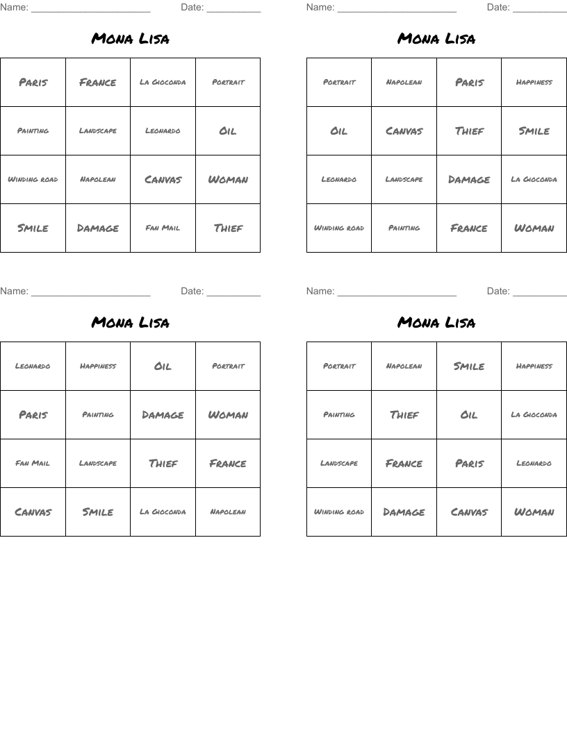 Mona Lisa Bingo Cards