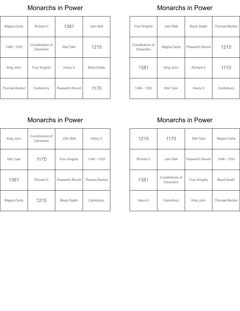 Monarchs in Power Bingo Cards