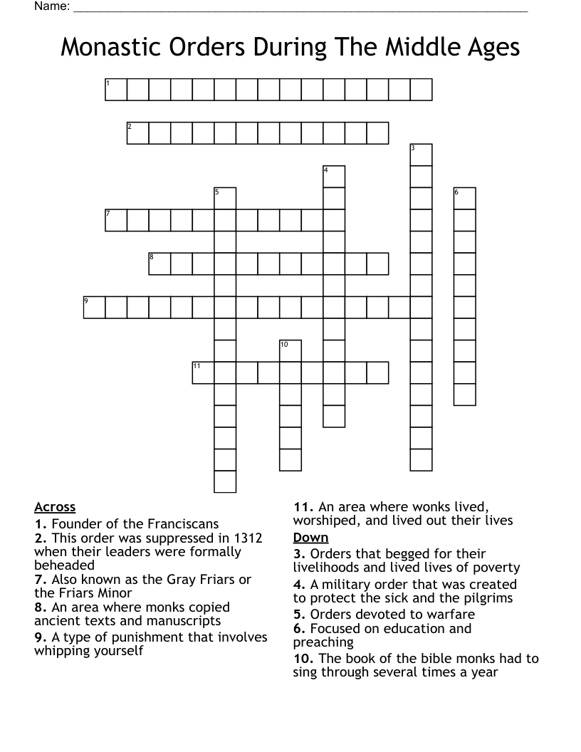 Monastic Orders During The Middle Ages Crossword