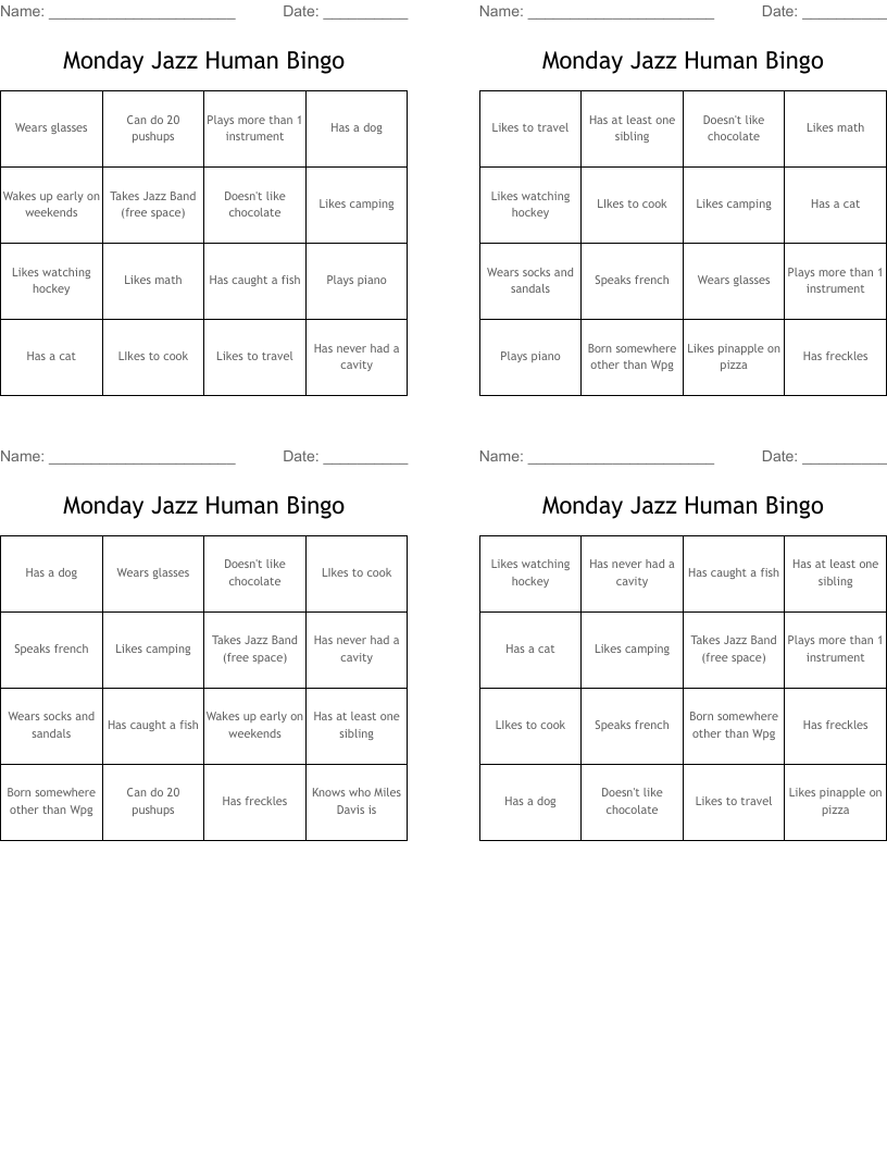 Monday Jazz Human Bingo