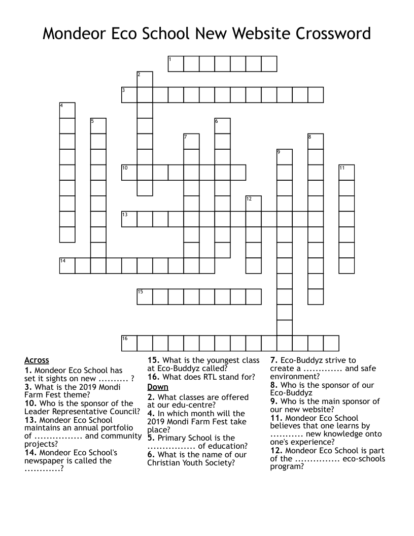 Mondeor Eco School New Website Crossword