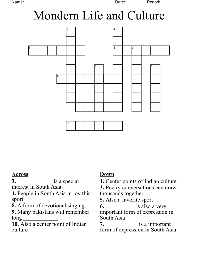Mondern Life and Culture  Crossword