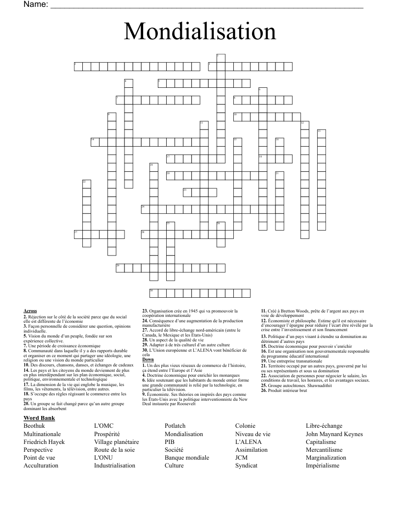 Mondialisation Crossword