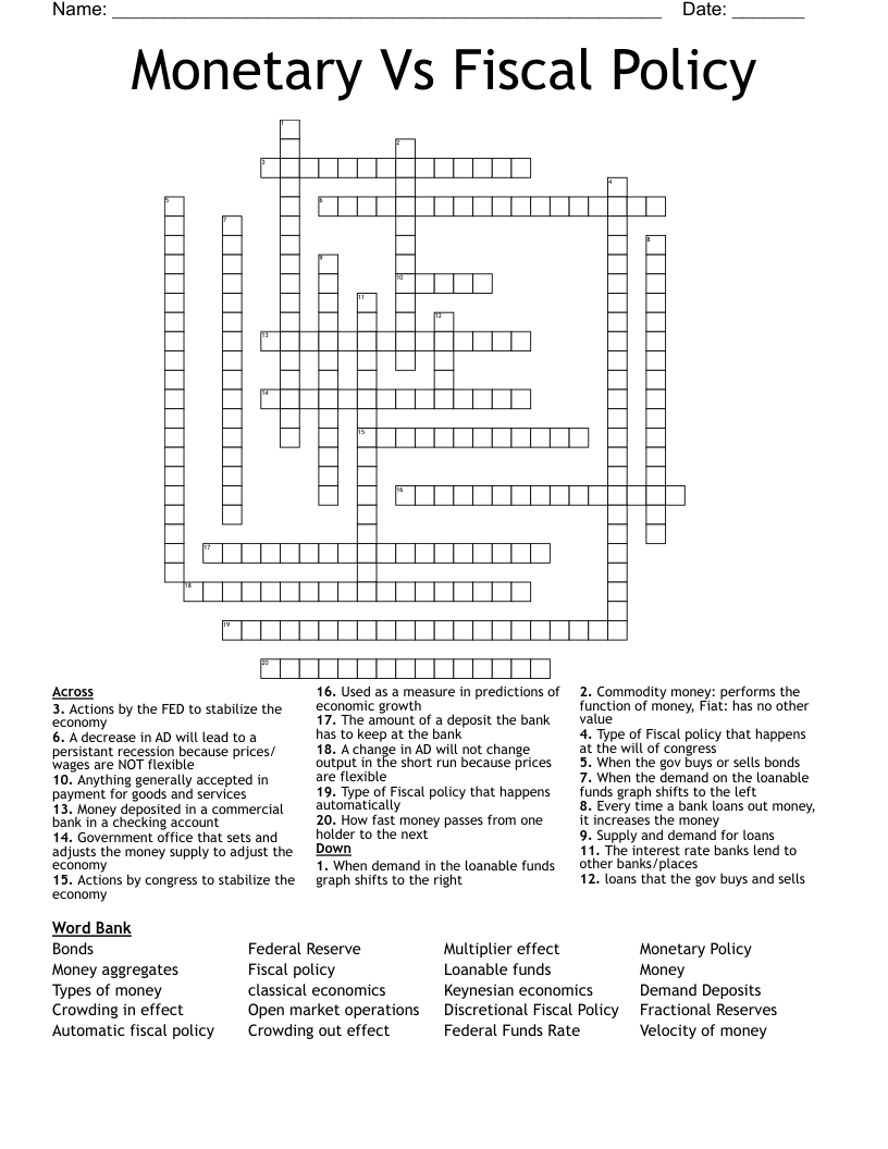 Monetary Vs Fiscal Policy Crossword