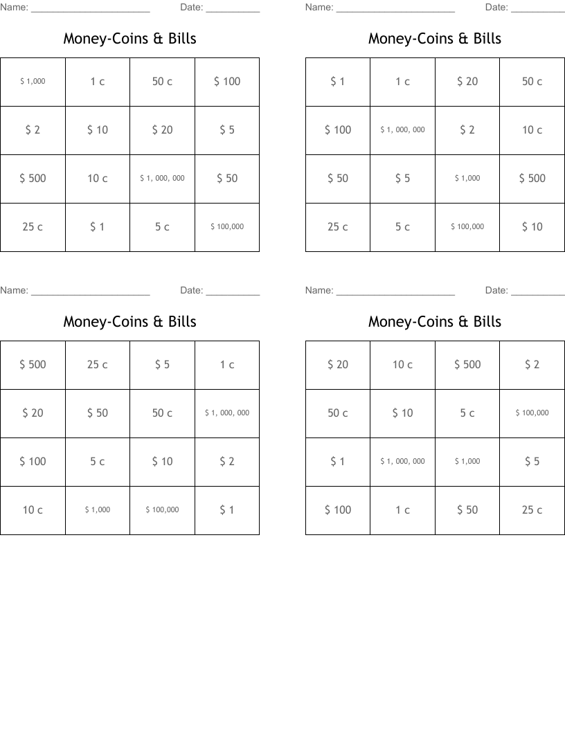 Money-Coins & Bills Bingo Cards