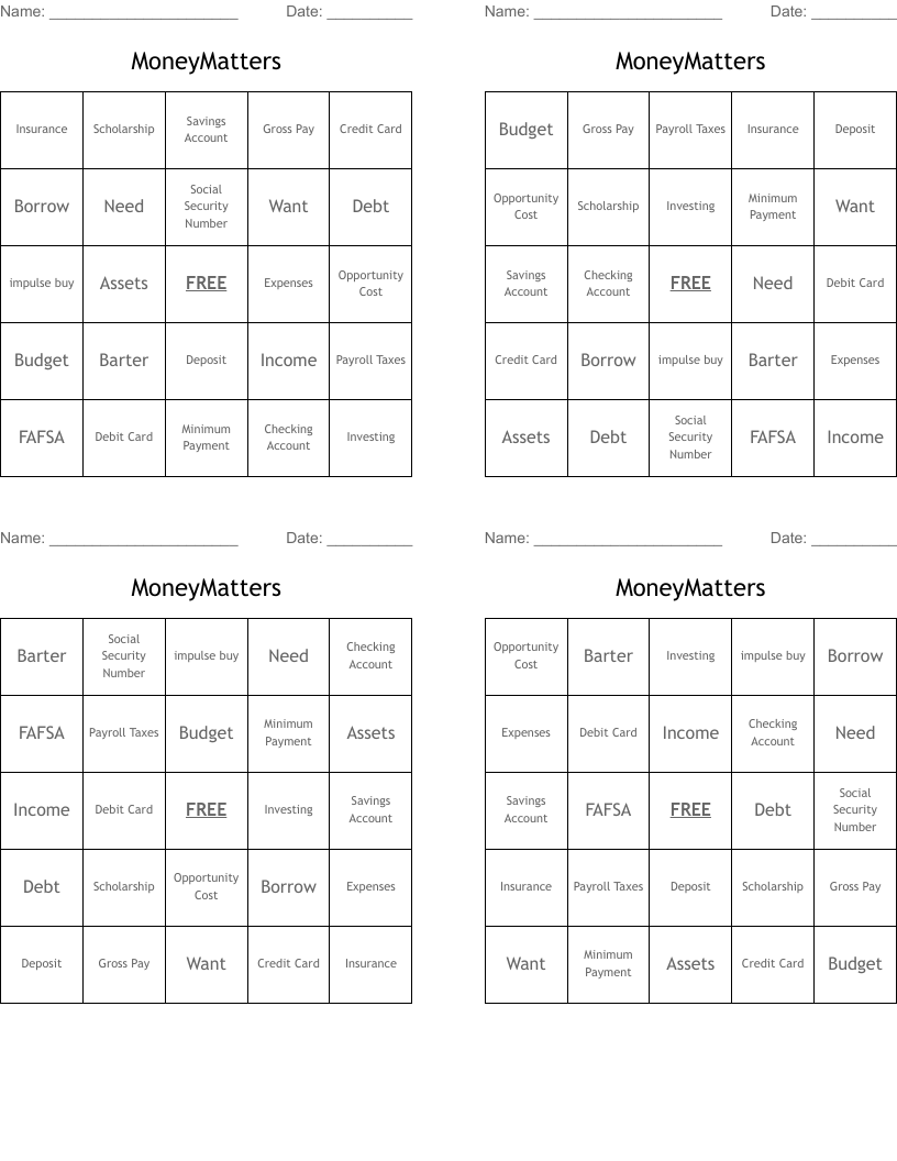 MoneyMatters Bingo Cards