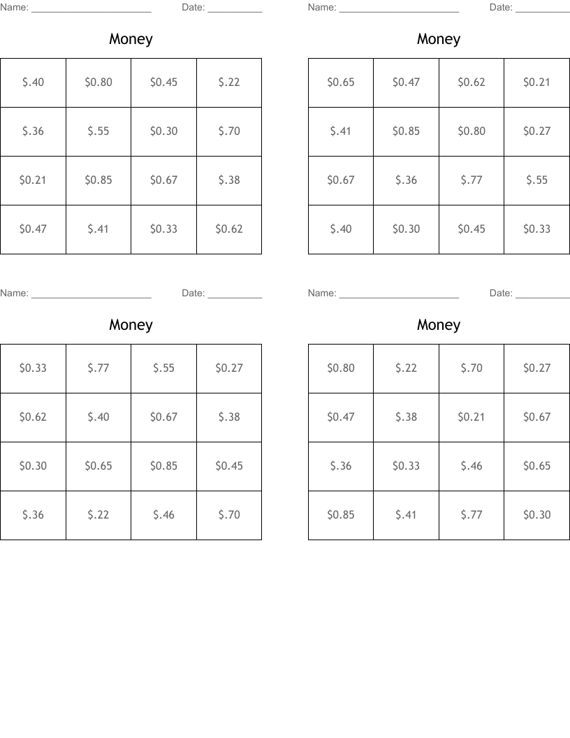 Money Bingo Cards