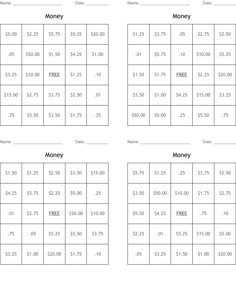 Money Bingo Cards