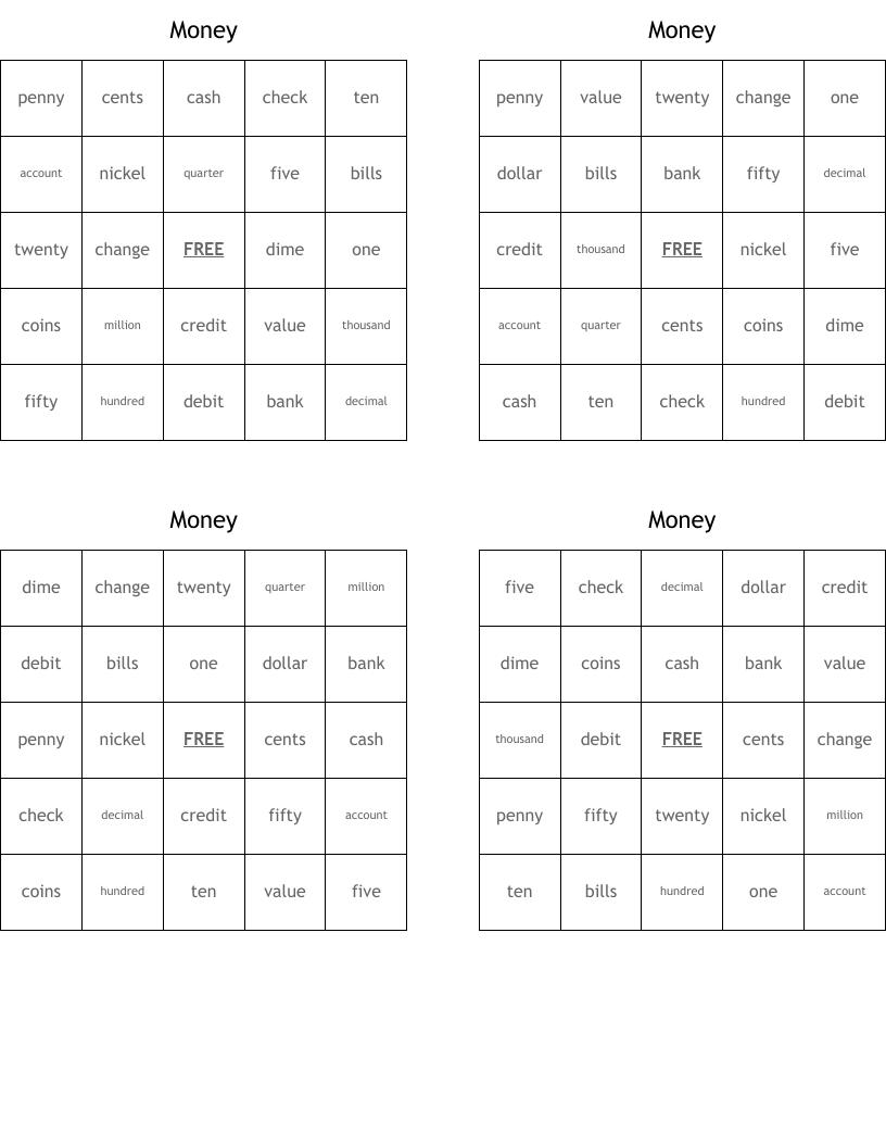 Money Bingo Cards