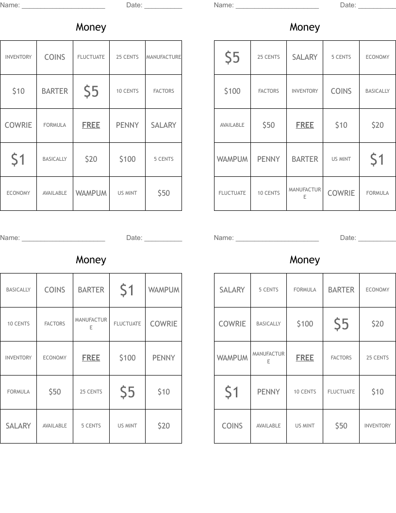 Money Bingo Cards