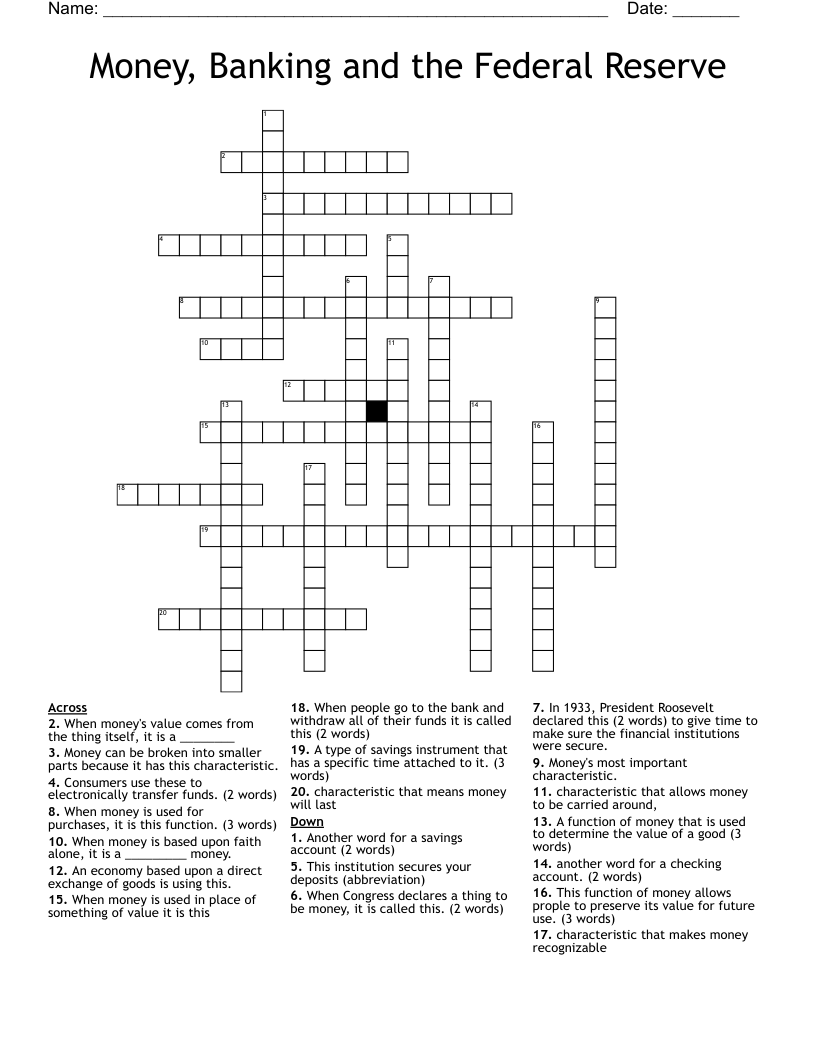 Money, Banking and the Federal Reserve  Crossword