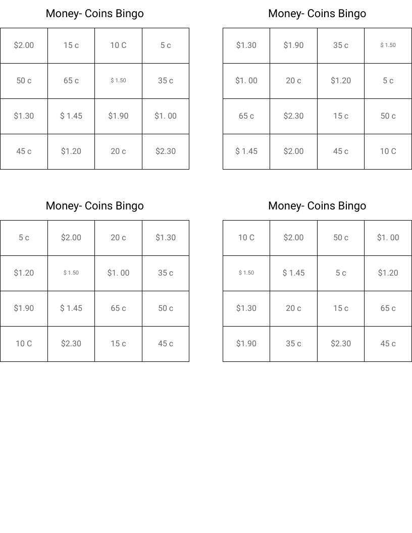 Money- Coins Bingo