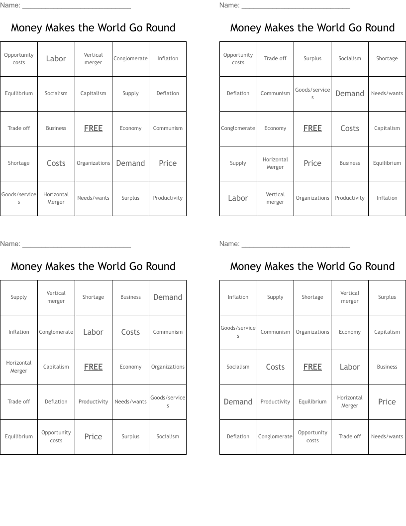 Money Makes the World Go Round  Bingo Cards