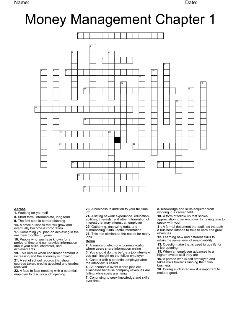 Money Management Chapter 1 Crossword