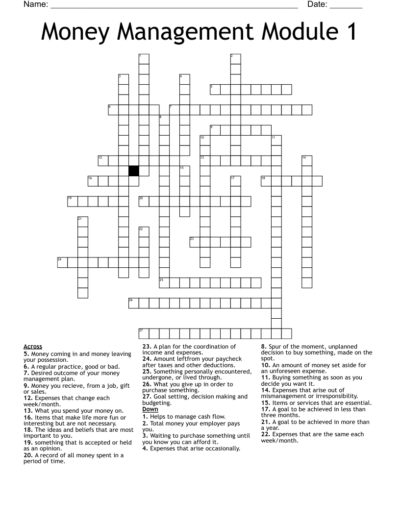 Money Management Module 1 Crossword