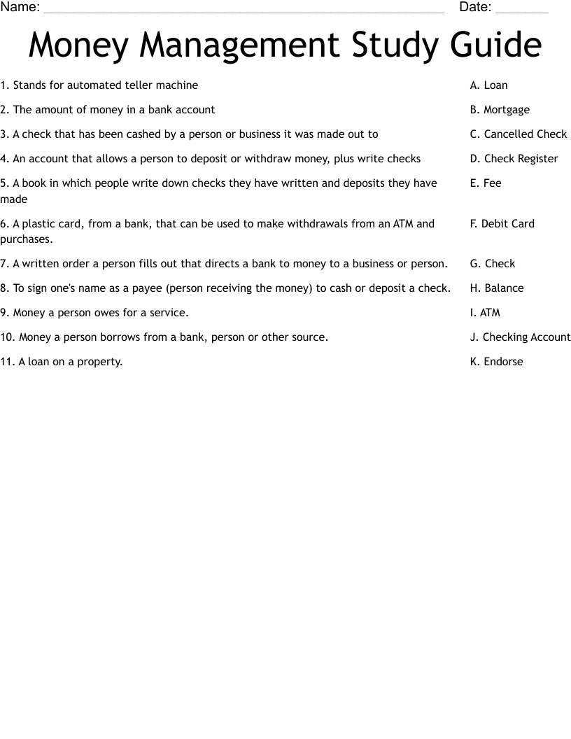 Money Management Study Guide Worksheet