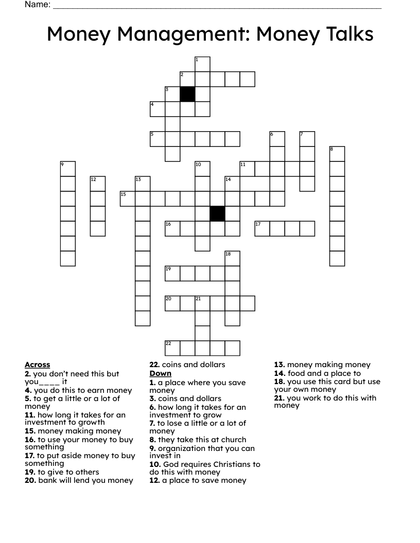 Money Management:  Money Talks Crossword