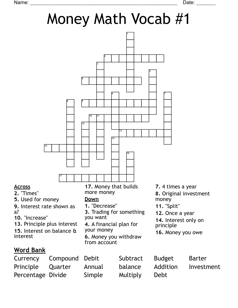 Money Math Vocab #1 Crossword