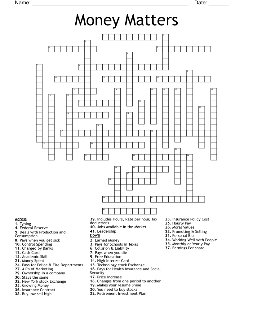 Money Matters Crossword