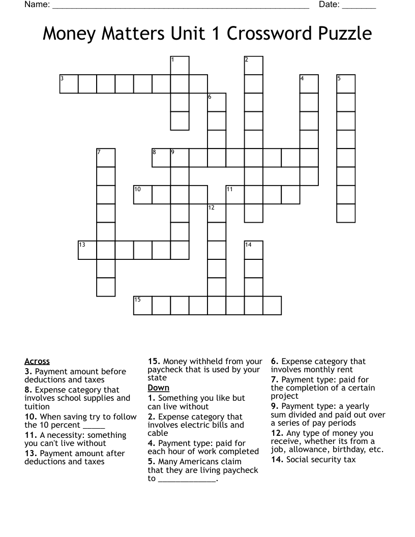 Money Matters Unit 1 Crossword Puzzle