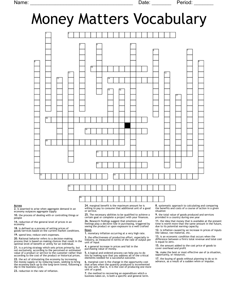 Money Matters Vocabulary Crossword