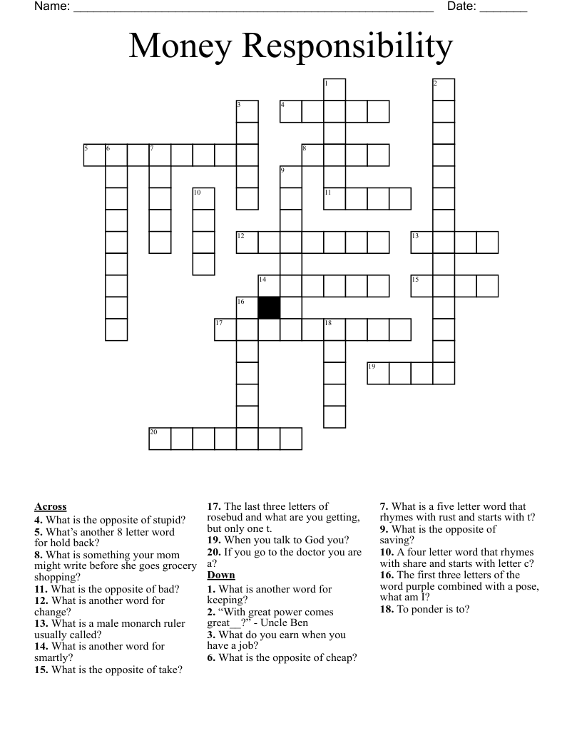 Money Responsibility  Crossword