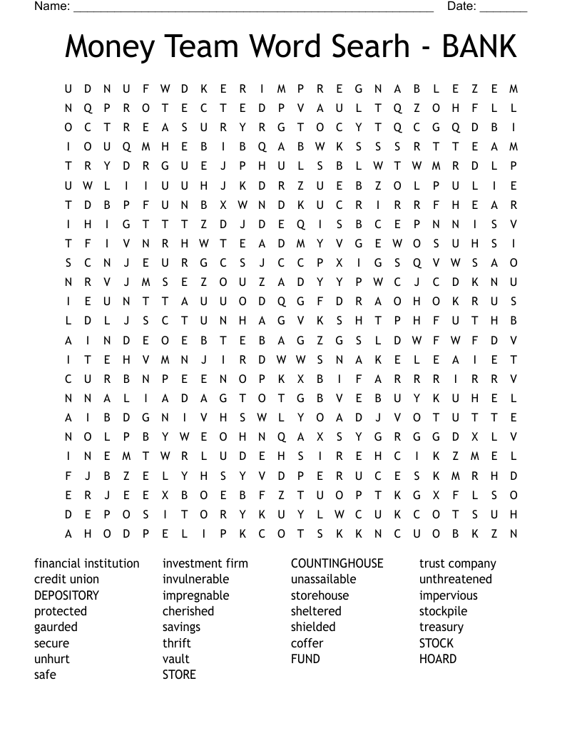 Money Team Word Searh - BANK  Word Search