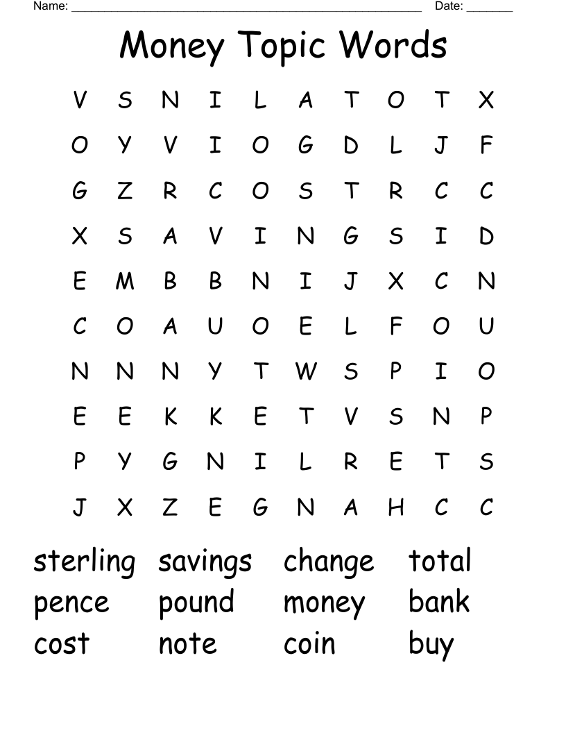 Money Topic Words Word Search