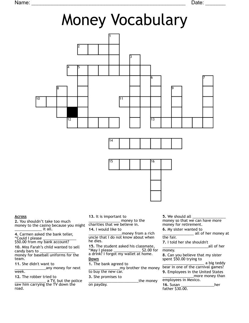 Money Vocabulary Crossword