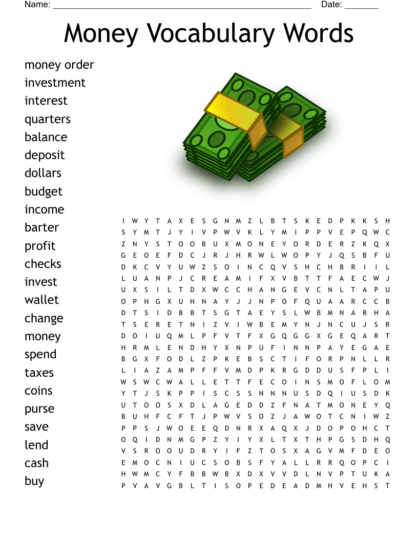 Money Vocabulary Words Word Search