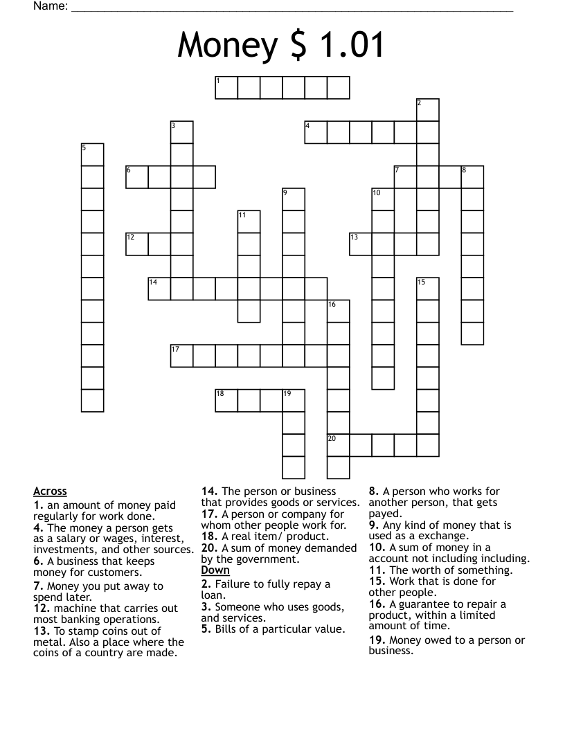Money $ 1.01 Crossword