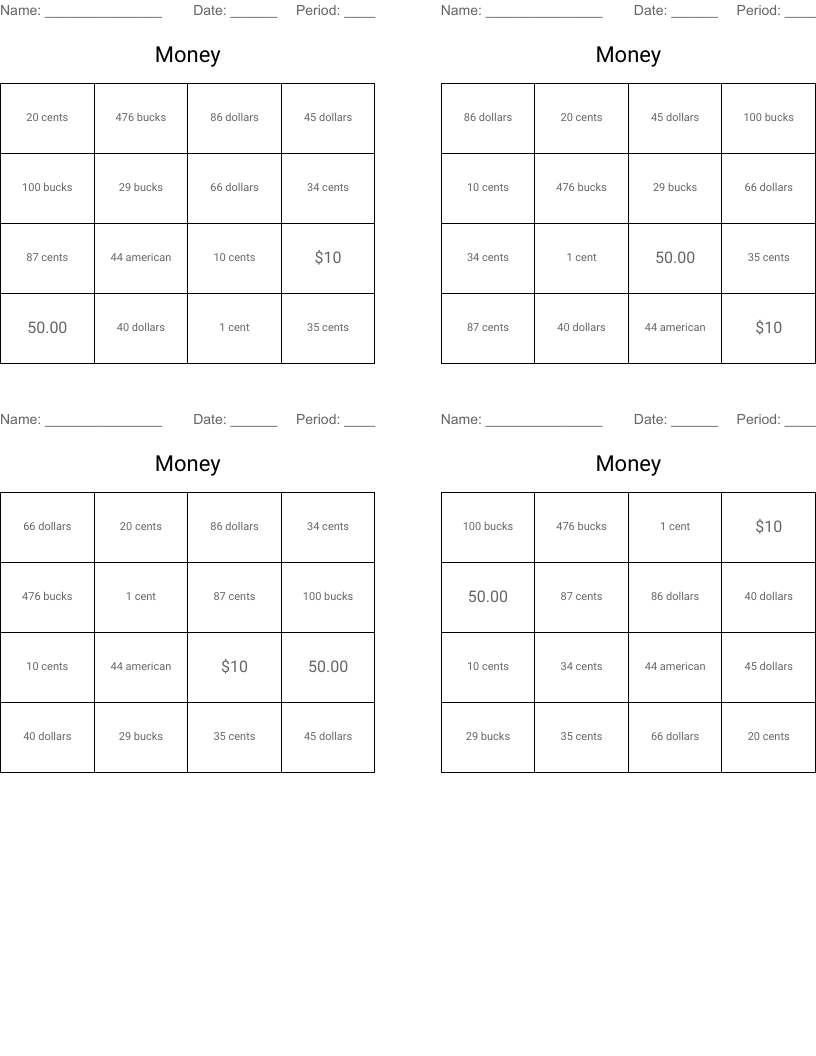 Money  Bingo Cards