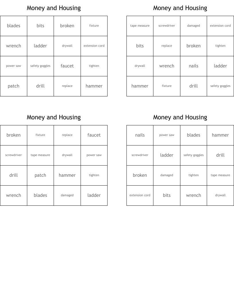 Money and Housing Bingo Cards