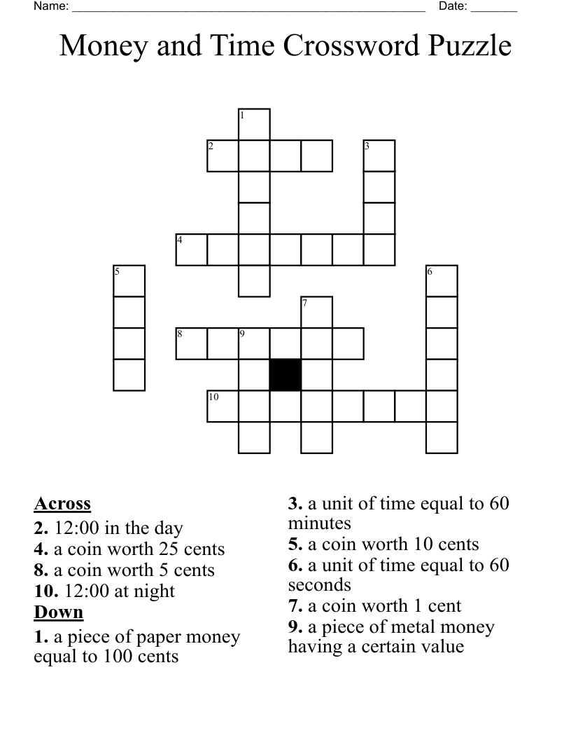 Money and Time Crossword Puzzle