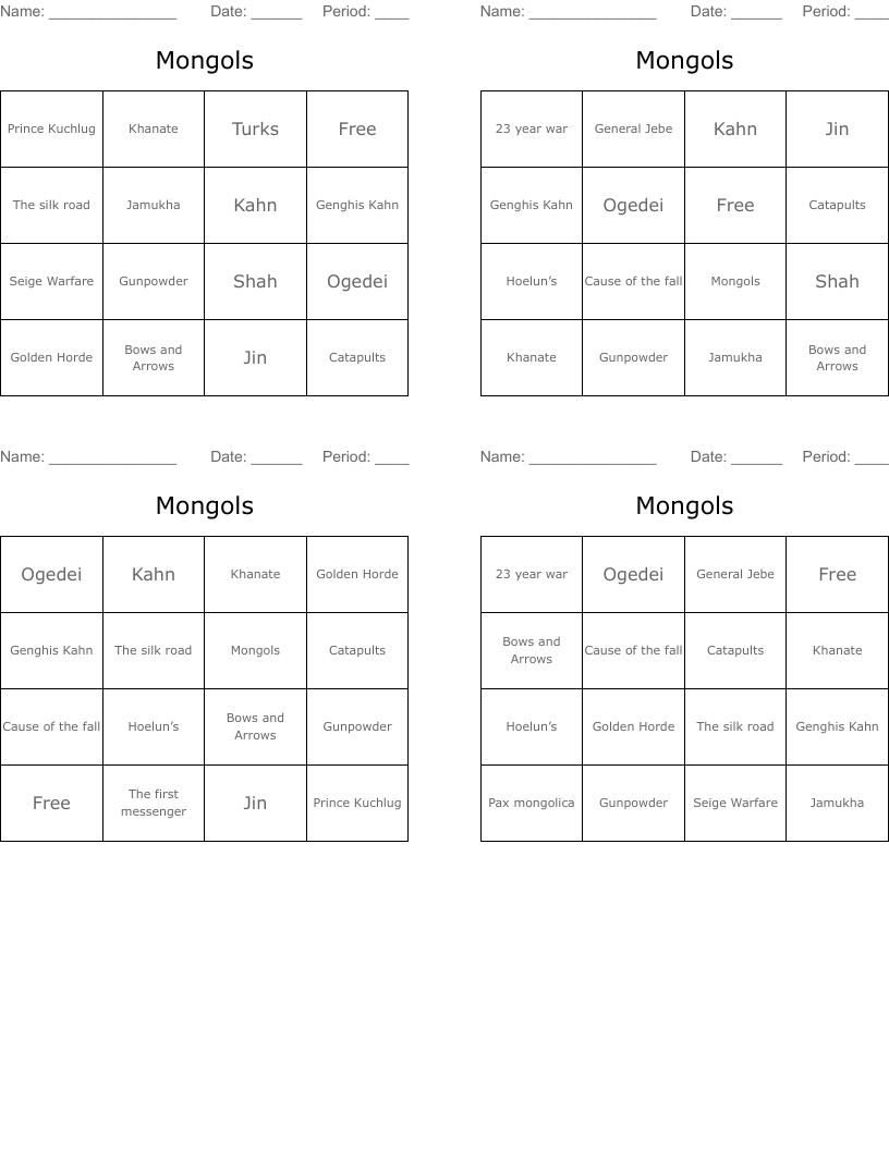 Mongols Bingo Cards