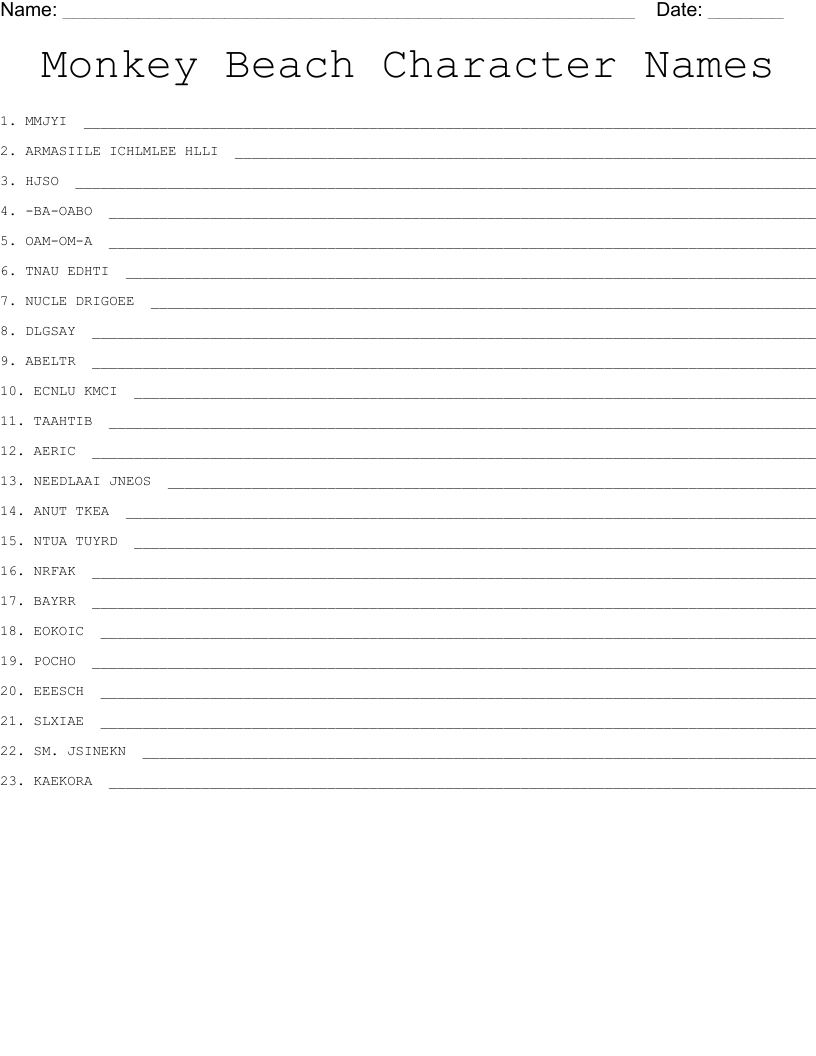 Monkey Beach Character Names Word Scramble