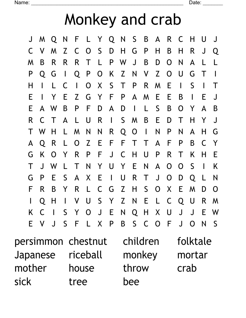 Monkey and crab Word Search