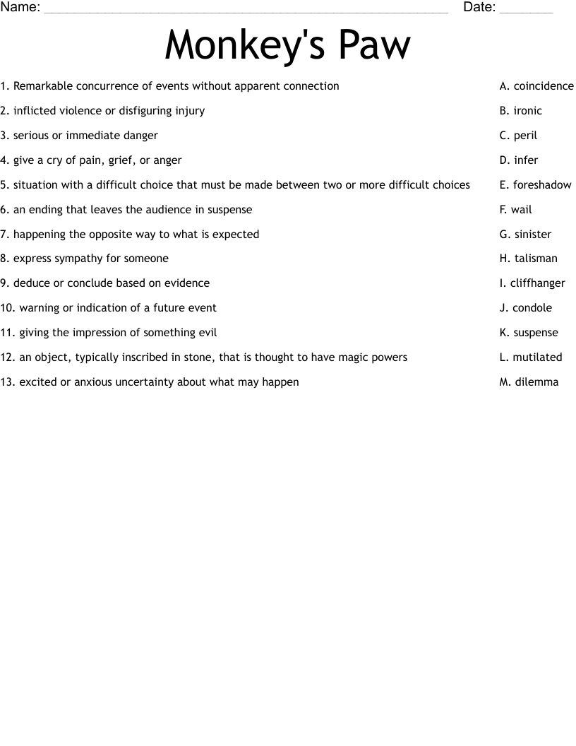 Monkey's Paw Worksheet