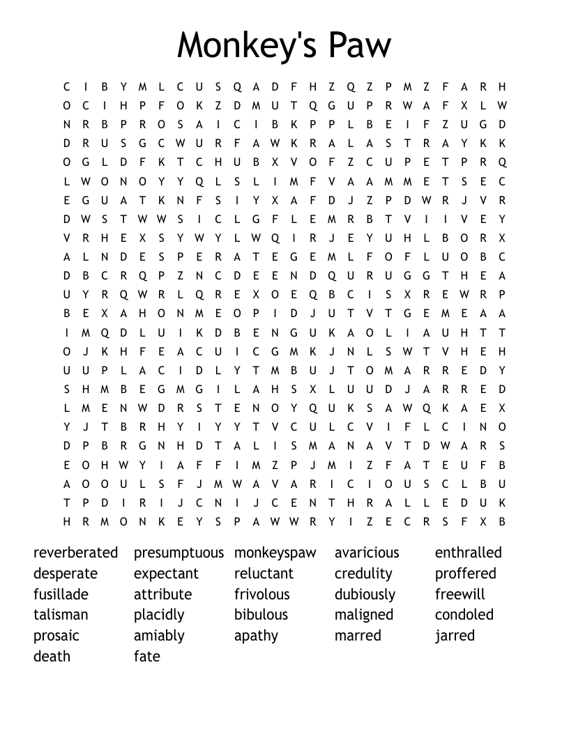 Monkey's Paw Word Search
