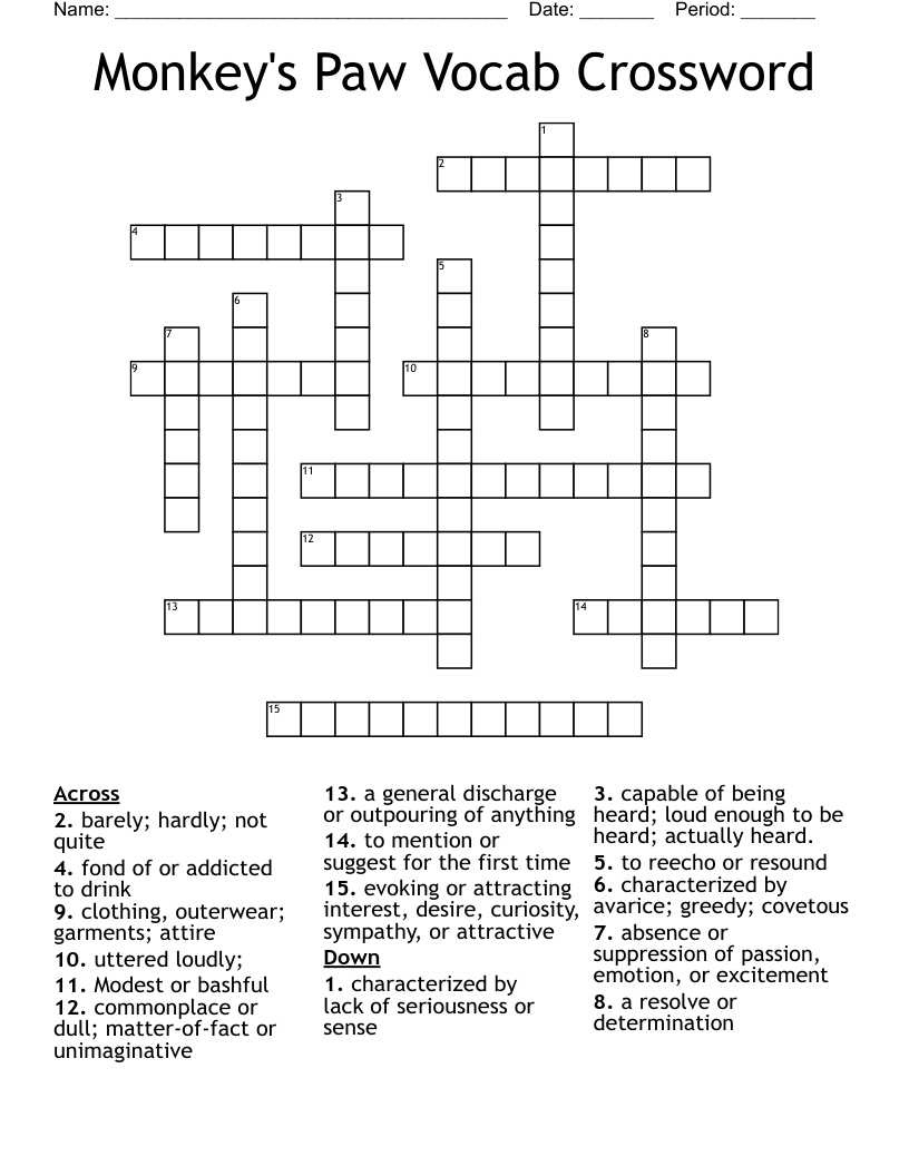 Monkey's Paw Vocab Crossword