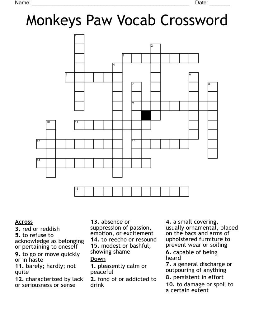 Monkeys Paw Vocab Crossword